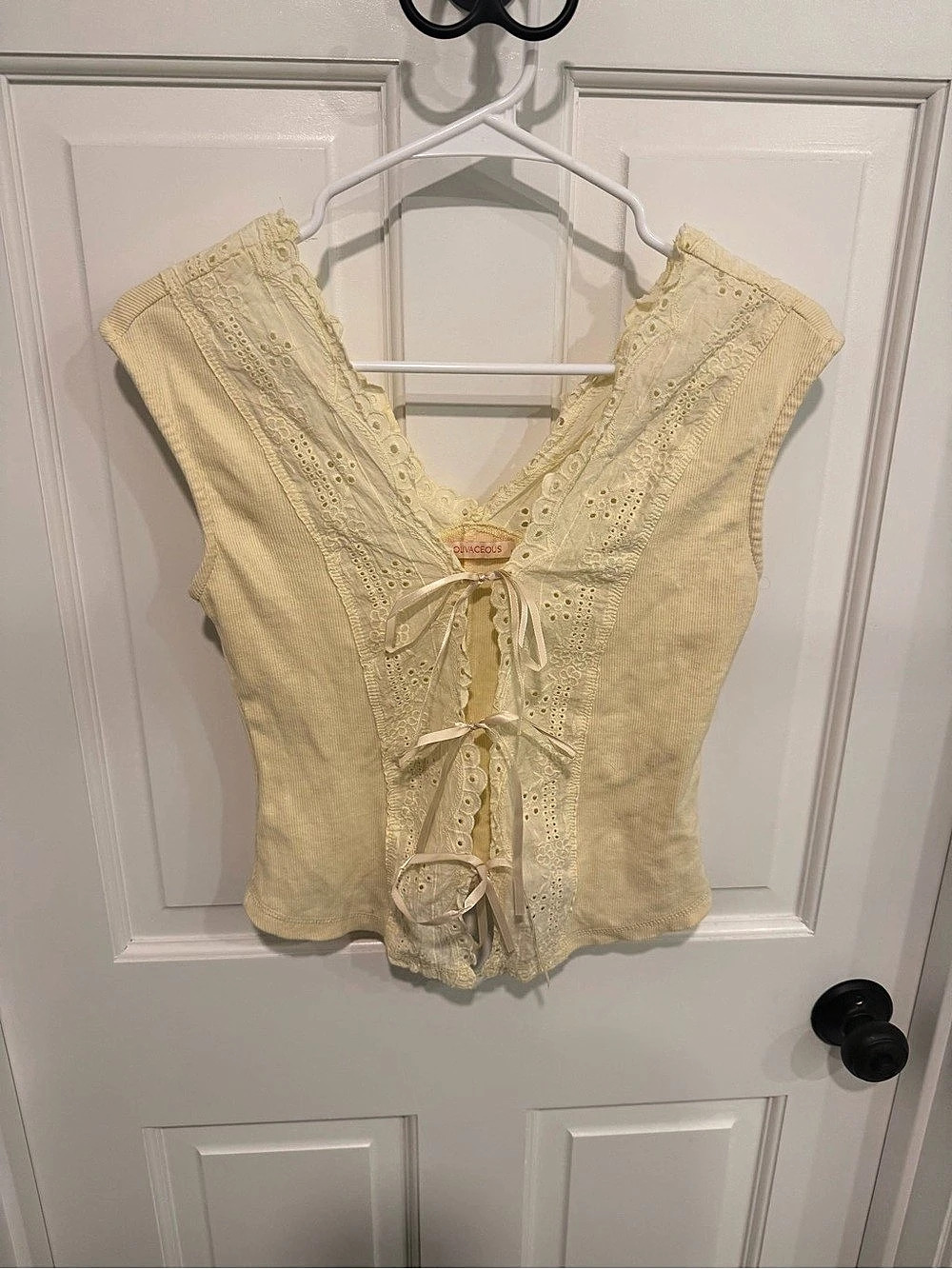Ouvaceous Eyelet Lace-Up Tank Top in Yellow Like New